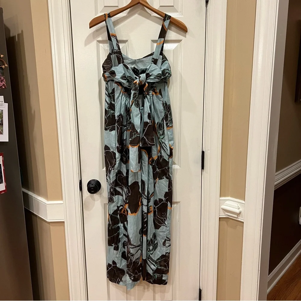 TELA Light Blue Brown Floral Maxi Dress Flowy Aqua Floral Dress XS